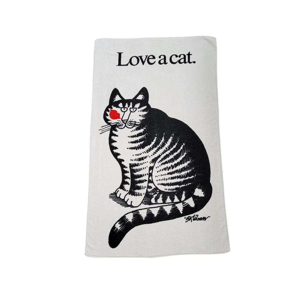 Vintage Kilban Love a cat Beach Towel‎ Cat Kiss Lips 57.5 in x 34 in Cream Terry